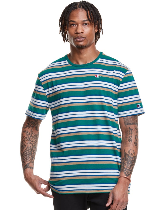 Champion Herre T-Shirts Grøn/Hvide - Yarn-Dye Stripe C Logo - Danmark HMT-029367